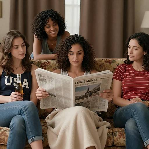 Relaxed Women Gathering on Floral Couch