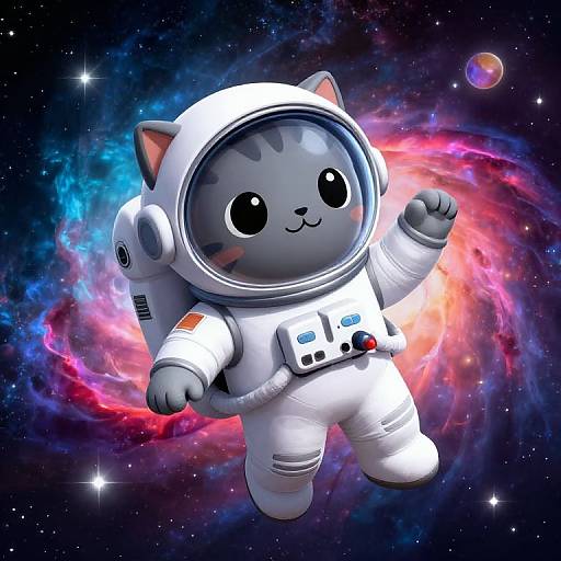 Grey Cat Astronaut in Vibrant Space