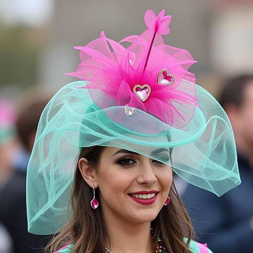 Photograph of a smiling woman with dark hair, wearing a vibrant pink and turquoise feathered hat with heart-shaped embellishments, pink earrings, and red