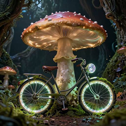 Photograph-style CGI: Glowing bicycle with neon wheels leans against giant, illuminated mushroom in enchanted forest, surrounded by misty trees and smaller mushrooms.