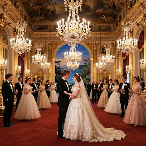 Photograph of a grand wedding reception in an opulent ballroom with chandeliers, ornate ceiling, and red carpet; bride in white gown