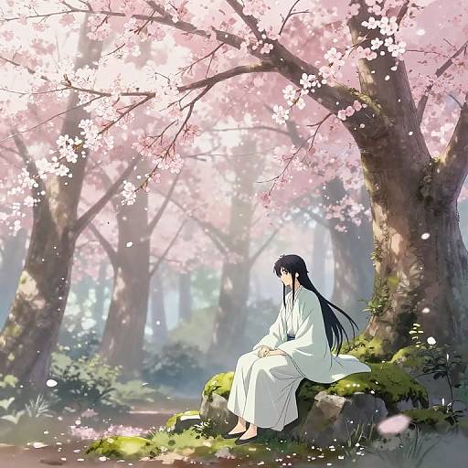 Anime-style digital illustration of a girl with long black hair, wearing a white kimono, sitting on a mossy rock under blooming cherry blossoms