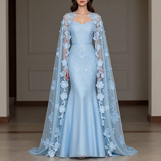 Photograph of a woman in a light blue, lace-embellished, long-sleeve bridal gown with sheer floral cape, standing in front