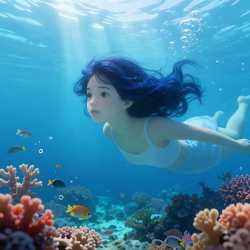 Serene Girl Floating Among Coral Reefs