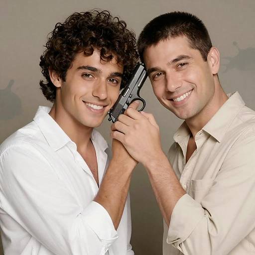 Two Smiling Men with Gun Concept