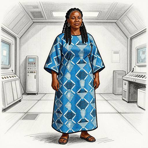 Photograph of a Black woman with dreadlocks, wearing a blue patterned dress, standing in a sterile, white, medical room.