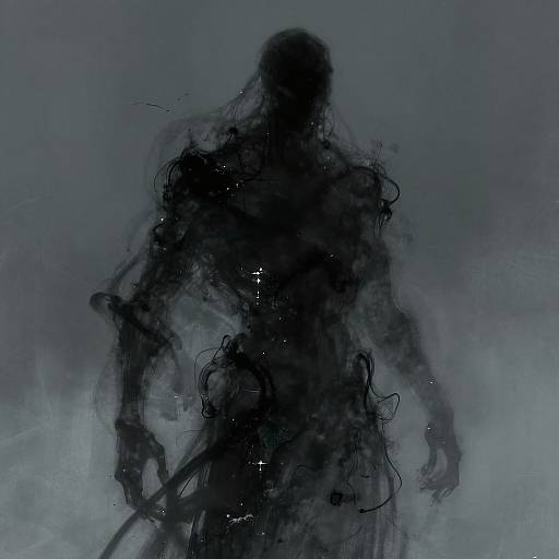 Digital art: Dark, shadowy figure with indistinct features and glowing spots, standing against a misty, blue-gray background. Ethereal,