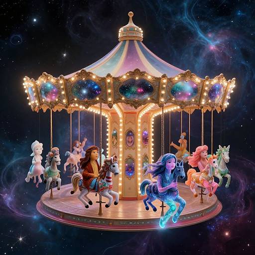 Photograph of a colorful, illuminated carousel in space with fantasy horses and riders, surrounded by stars and galaxies, blending whimsy and cosmic themes.