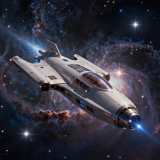 Starship Soaring Through Vibrant Nebula