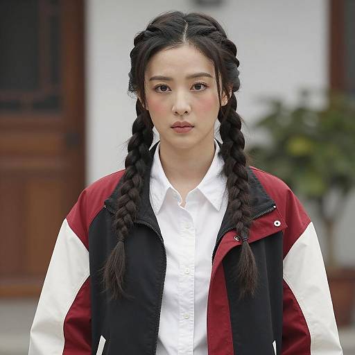 Serious Asian Woman with Braids in Casual Jacket