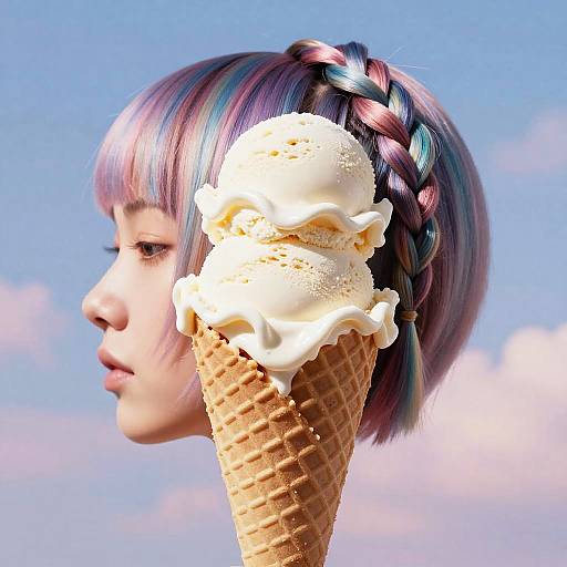 Digital artwork of a young woman with purple and blue braided hair, holding an ice cream cone with two scoops against a bright blue sky.