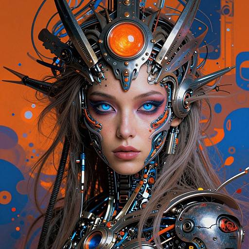 Digital art: Cyberpunk woman with glowing blue eyes, mechanical headgear, orange central light, and metallic armor, set against an orange and blue abstract