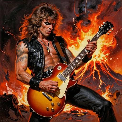 Muscular rock musician with long brown hair, leather vest, and tattooed arm, plays fiery electric guitar amidst blazing orange flames. Digital art.