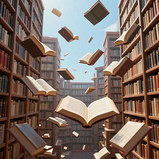 Photograph of a library with floating open books between towering wooden bookshelves under a bright blue sky. Books of various sizes and colors are suspended mid