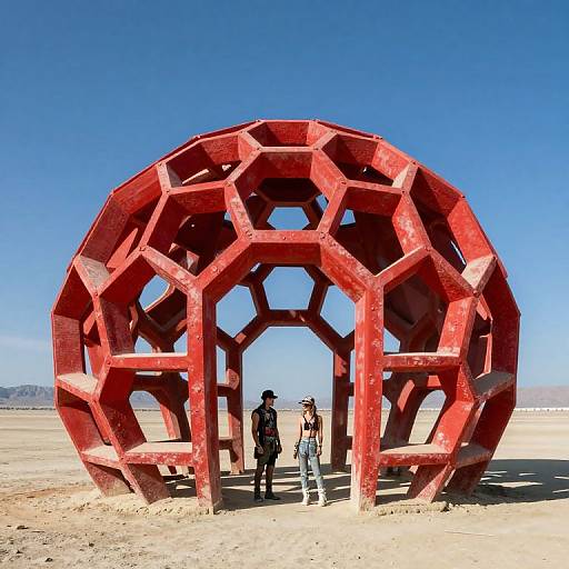 Photograph of two people standing in front of a large, red, geometric, honeycomb-shaped metal sculpture in a desert under a clear blue sky.
