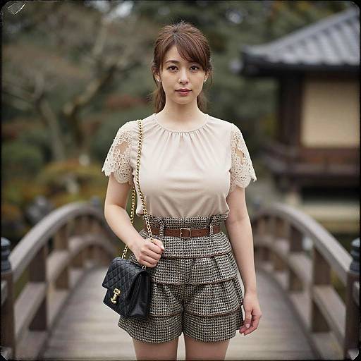 Photograph of an Asian woman with brown hair in a white lace top and checkered high-waisted shorts, carrying a black quilted purse,