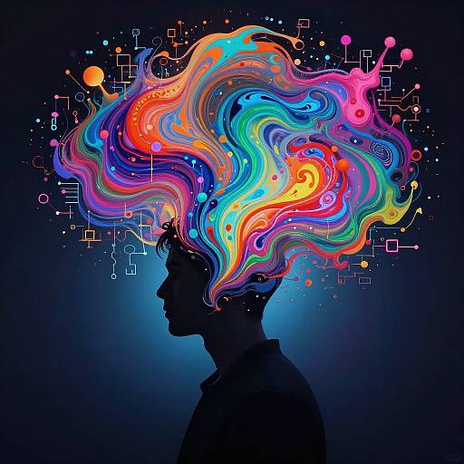 Silhouetted profile of a person with a vibrant, multicolored, swirling, abstract brain filled with digital patterns and bright hues against a dark