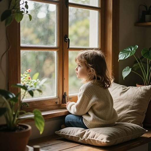 Photograph of a young girl with curly brown hair, wearing a beige sweater, sitting on a cushion by a sunlit wooden window, gazing outside