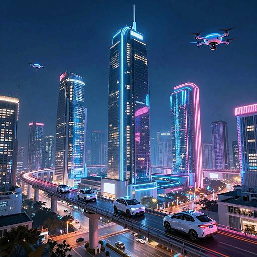 Neon-lit futuristic cityscape at night, featuring glowing skyscrapers, flying drones, and a busy highway with illuminated cars. Digital art style