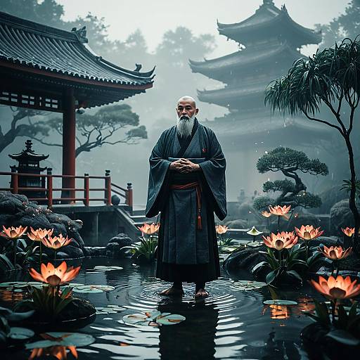 Wise Old Monk in Zen Garden