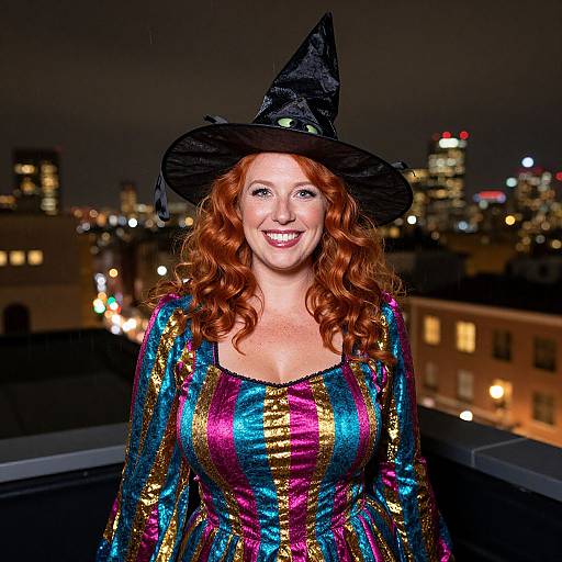 Photograph of a smiling red-haired woman in a glittery, multicolored dress and black witch hat, standing on a rooftop at night with a