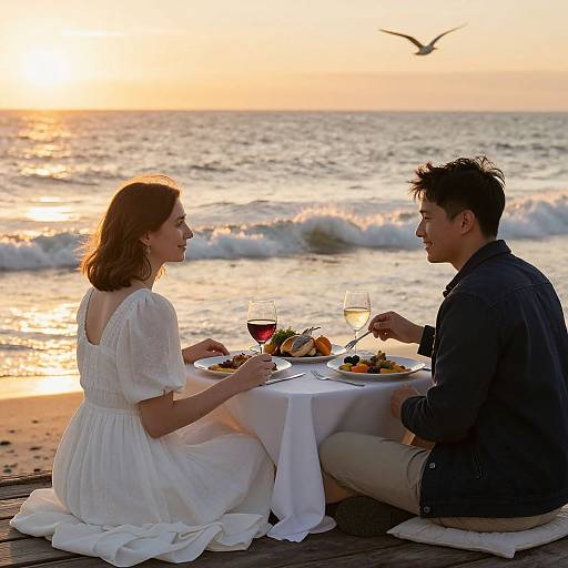 Photograph of a romantic sunset beach dinner: a couple in white and denim, sitting on a wooden deck, enjoying wine and food with waves and a
