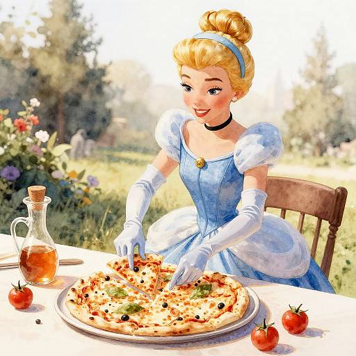 Digital illustration of a blonde princess in a blue dress and white gloves, smiling while serving a pizza in a sunny garden.