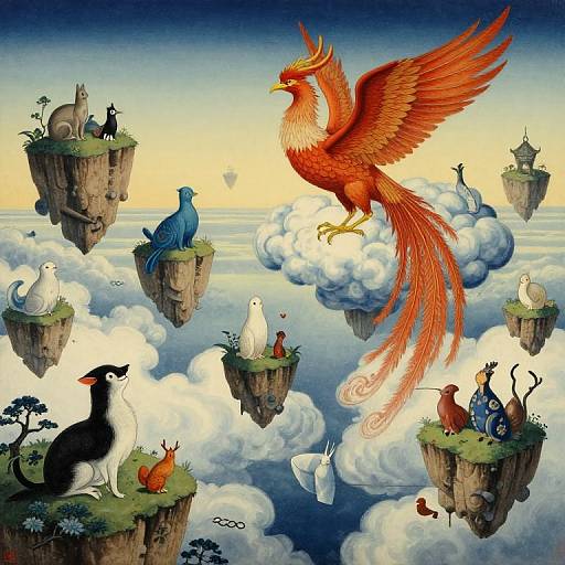 Fantastical illustration of a vibrant red phoenix with outstretched wings soaring above floating islands with various colorful birds and animals amidst fluffy clouds and a gradient