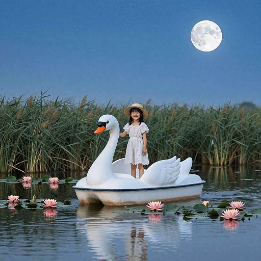 Youthful Girl on Swan Pedal Boat