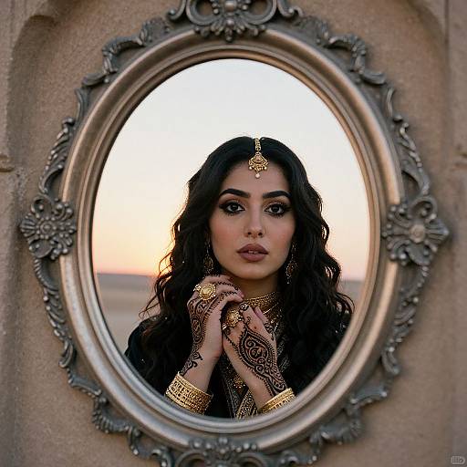 Photograph of a beautiful South Asian woman with long black hair, wearing traditional gold jewelry and intricate black attire, reflected in an ornate, vintage oval