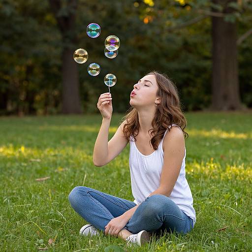 Photograph of a young woman with wavy brown hair, wearing a white tank top and blue jeans, sitting on grass, blowing bubbles in a sun