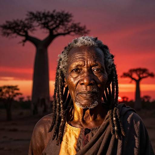 Photograph of a weathered, elderly African man with long gray dreadlocks, illuminated by a vibrant red-orange sunset, against a silhouette of tall ac