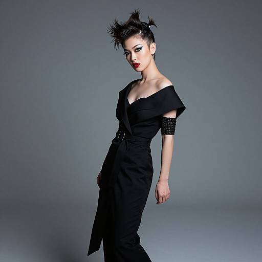 Photograph of a pale-skinned, slender woman with short, spiky black hair, red lipstick, and a black off-shoulder dress,