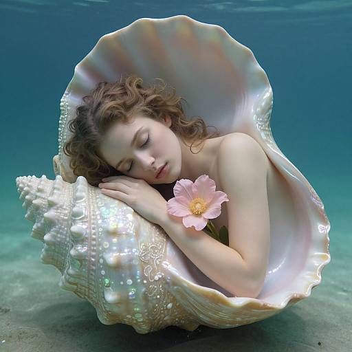 Photograph of a fair-skinned, curly-haired woman with closed eyes, asleep in a large, iridescent seashell, holding a pink