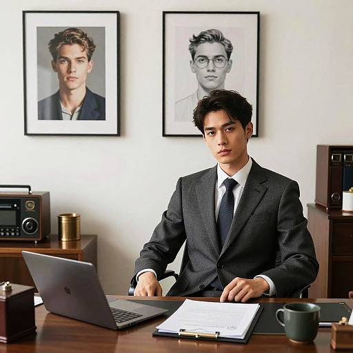 Photograph of an Asian man in a dark suit, white shirt, and black tie, sitting at a desk with a laptop, framed portraits of two