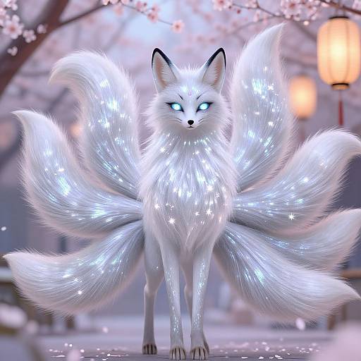 Digital artwork of a glowing, white fox with nine fluffy tails, neon blue eyes, standing in a snowy, cherry blossom-lit garden.