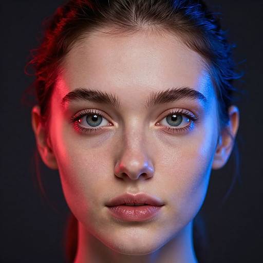 Photograph of a young woman with fair skin, blue eyes, and dark brown hair, illuminated by red and blue lights against a black background, creating