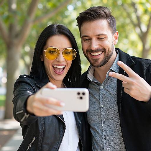Photograph of a smiling couple taking a selfie outdoors; woman with black hair, yellow sunglasses, black jacket; man with brown hair, beard, blue