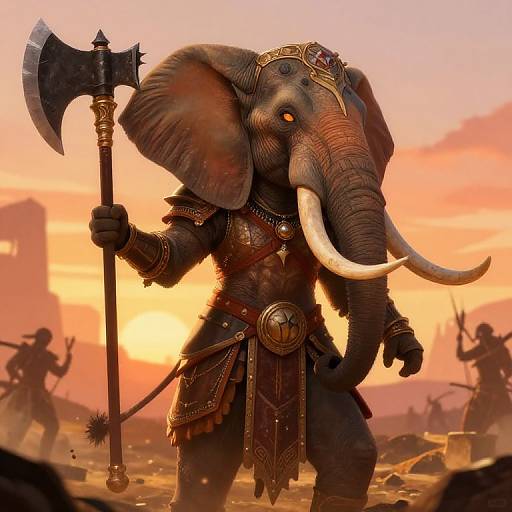 Digital illustration of a muscular, armored elephant warrior with glowing orange eyes, holding a large axe, and adorned with a jeweled crown, standing in a