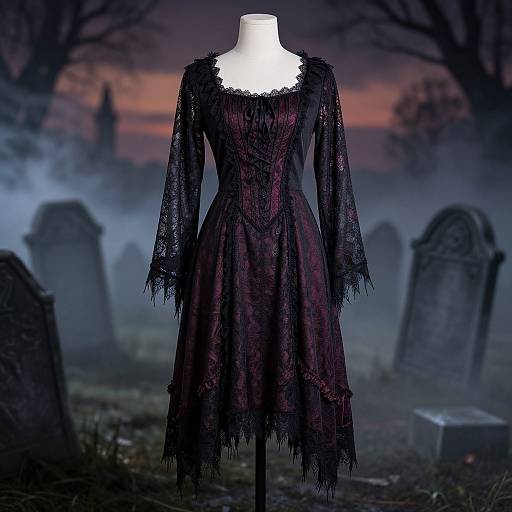 Gothic lace dress on a white mannequin in a foggy graveyard at sunset, with dark tombstones and eerie trees in background.