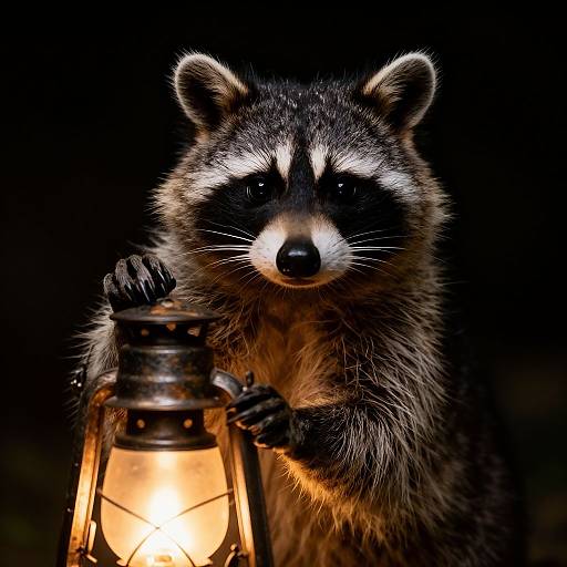 Photograph of a realistic raccoon holding a glowing lantern, illuminated against a dark background, with detailed fur textures and expressive eyes.