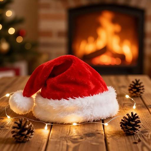 Photograph of a red Santa hat with white trim, surrounded by pine cones and twinkling lights, in front of a cozy, lit fireplace.