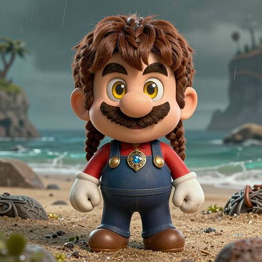 3D CGI of a cartoon Mario-like character with brown braided hair, yellow eyes, black mustache, red shirt, blue overalls, and