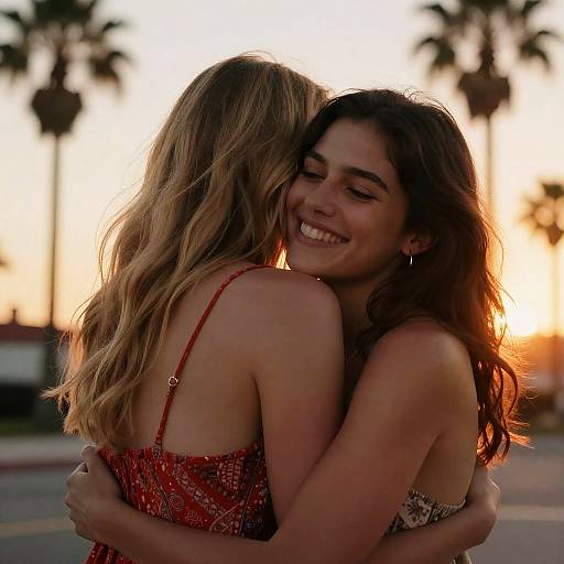 Joyful Embrace Under Sunset Palms