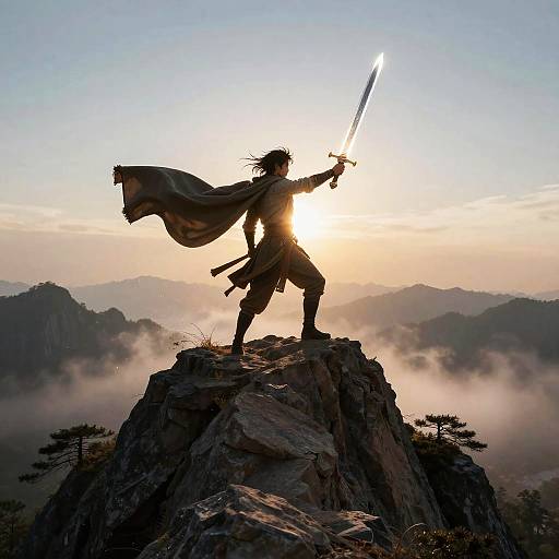 Silhouetted warrior with sword on rocky peak at sunrise, wind blowing through cape, mist below, mountains in background, dramatic sunset light.