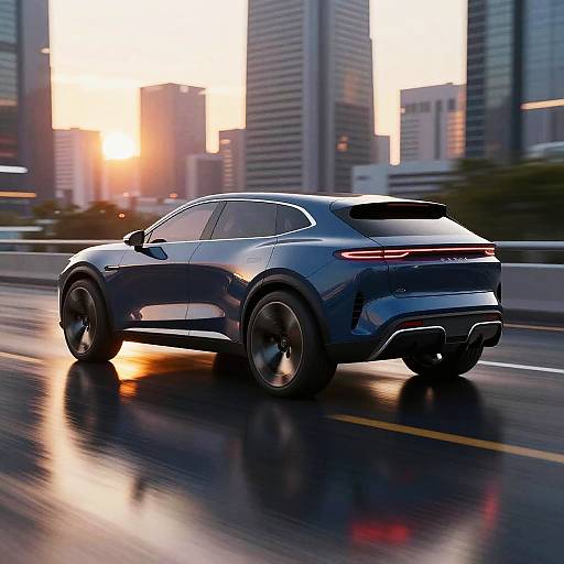 Futuristic Navy Pearl SUV in Tokyo at Sunset