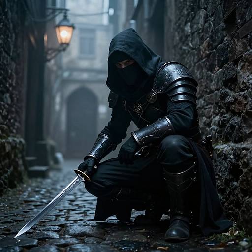 Photograph of a stealthy, armored, hooded swordsman kneeling in a dim, cobblestone alleyway, holding a gleaming sword under