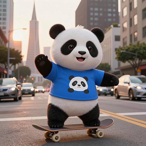 Playful Panda Skateboarding at Sunset