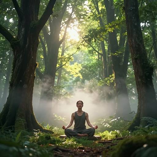 Photograph of a man with short dark hair, wearing a gray tank top and black pants, meditating in a misty, sunlit forest,