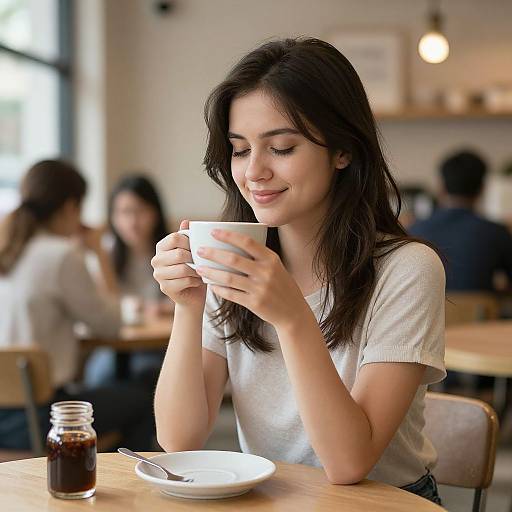 Photograph of a young woman with long dark hair, light skin, and a white t-shirt, smiling while holding a white coffee cup at a cozy